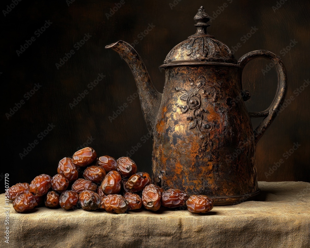 Poster antique copper teapot and pile of dates on rustic surface.