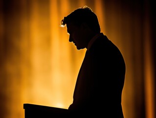 Silhouette of a man in a suit, head bowed, standing at a podium under warm stage lighting.