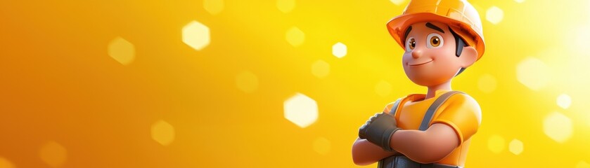 A cheerful cartoon character in a yellow construction outfit stands confidently against a bright, glowing yellow background.