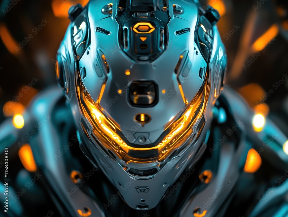 Poster Close-up of a futuristic robot helmet with glowing orange lights.