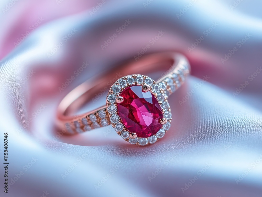 Poster close-up of a red gemstone ring with diamonds on a satin fabric.