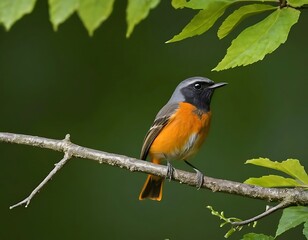 Orange and grey bird perched on a branch amongst green leaves