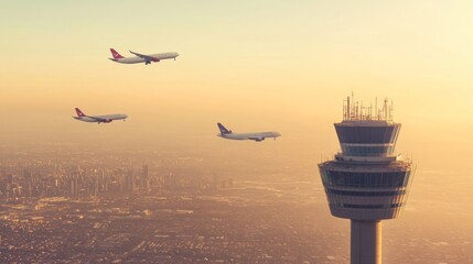 Air traffic control tower overseeing a bustling airport, ensuring safe and efficient aircraft movements, symbolizing coordination and precision in aviation operations.
