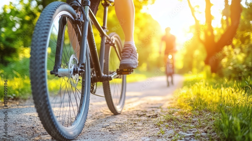 Aufkleber Cyclists ride bikes on a sunny path through a park.