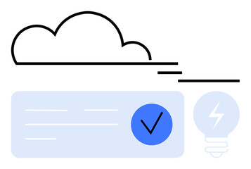 Cloud outline over service confirmation checkmark and light bulb icon. Ideal for cloud computing, data storage, tech innovation, digital security, efficiency improvement, internet services, online