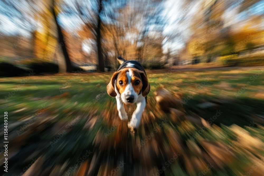 Poster a beagle puppy running through autumn leaves in a park, motion blur effect.
