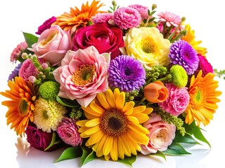 High-resolution image of a vibrant, stunning flower bouquet, perfect for print or digital download. Close-up detail, isolated on white.