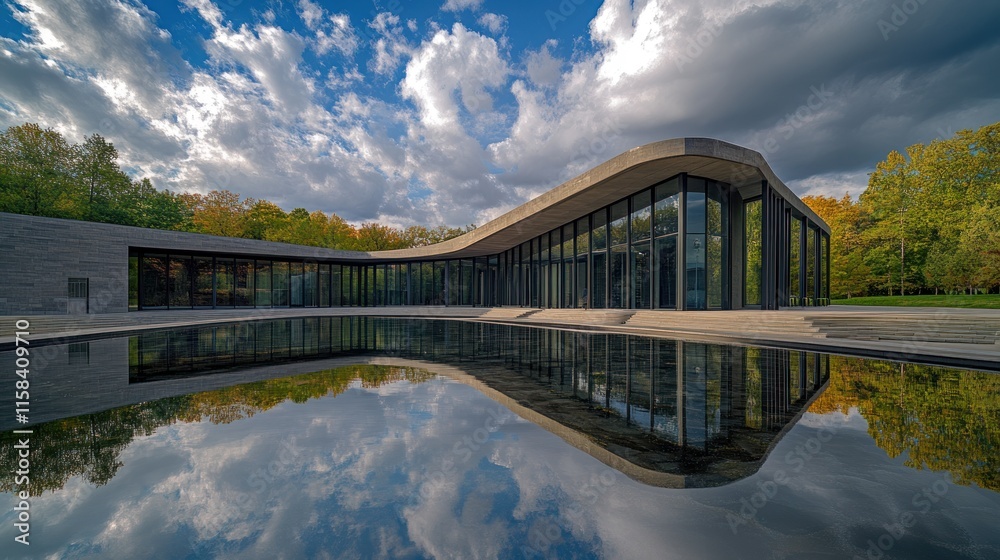 Poster Modern architecture reflected in a tranquil pond, surrounded by autumnal trees under a partly cloudy sky.