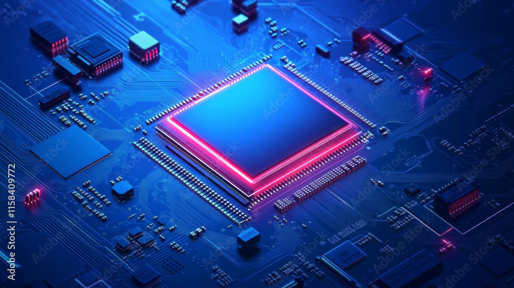 Poster technology background with a circuit board with light lines and electronic elements. tech bg in blue