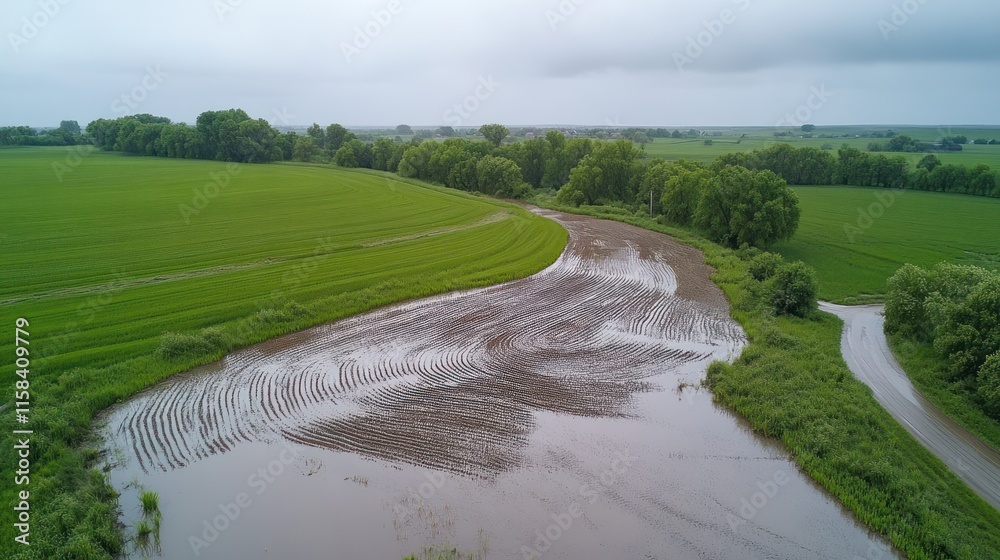 Poster Aerial view of flooded farmland with lush green fields and trees.
