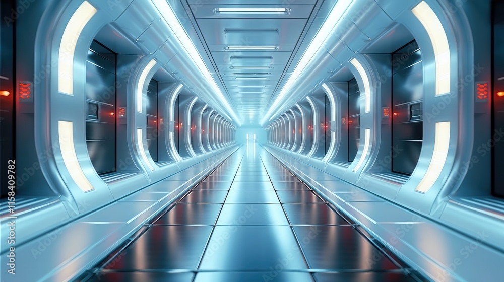 Aufkleber a futuristic space station corridor with illuminated by a bright light from above.