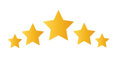 Five stars review. Golden yellow customer feedback stars. Top rate reward icons, quality product symbol. Vector set. Premium service award, client opinion