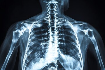 Radiography image revealing human chest anatomy, including lungs, ribs, and spine