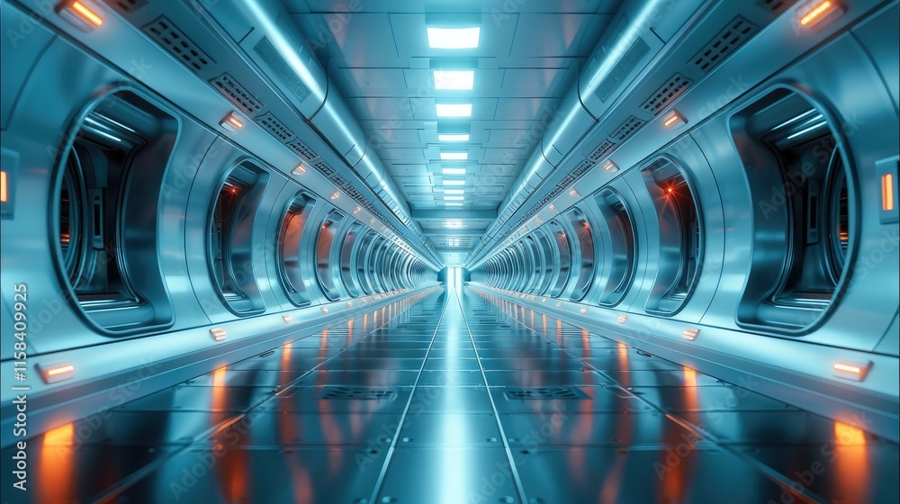 Poster a futuristic space station corridor with illuminated by a bright light from above.