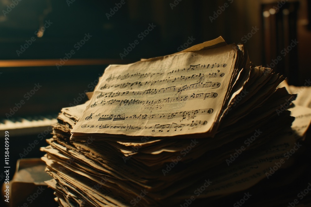 Poster stack of antique sheet music rests on a table near a piano.