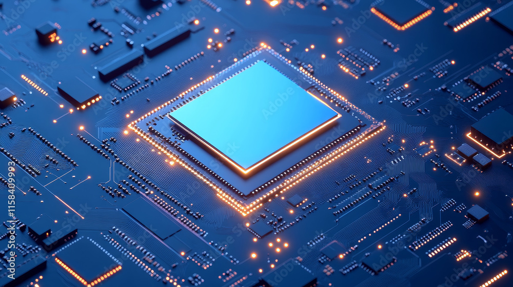 Poster technology background with a circuit board with light lines and electronic elements. tech bg in blue