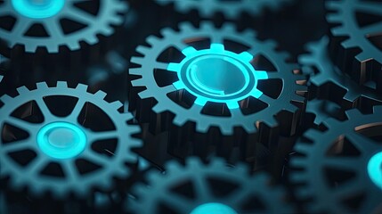 Gear Mechanism concept. A close-up view of intricate gears with a glowing blue design, symbolizing technology.