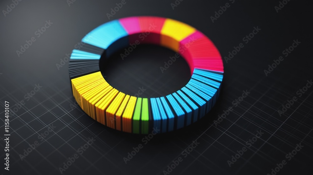 Poster colorful 3d donut chart on dark grid background.