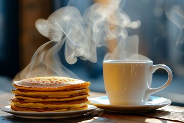 A stack of goldenbrown pancakes steaming on a plate, next to a warm mug of coffee emitting steam. A cozy breakfast scene.