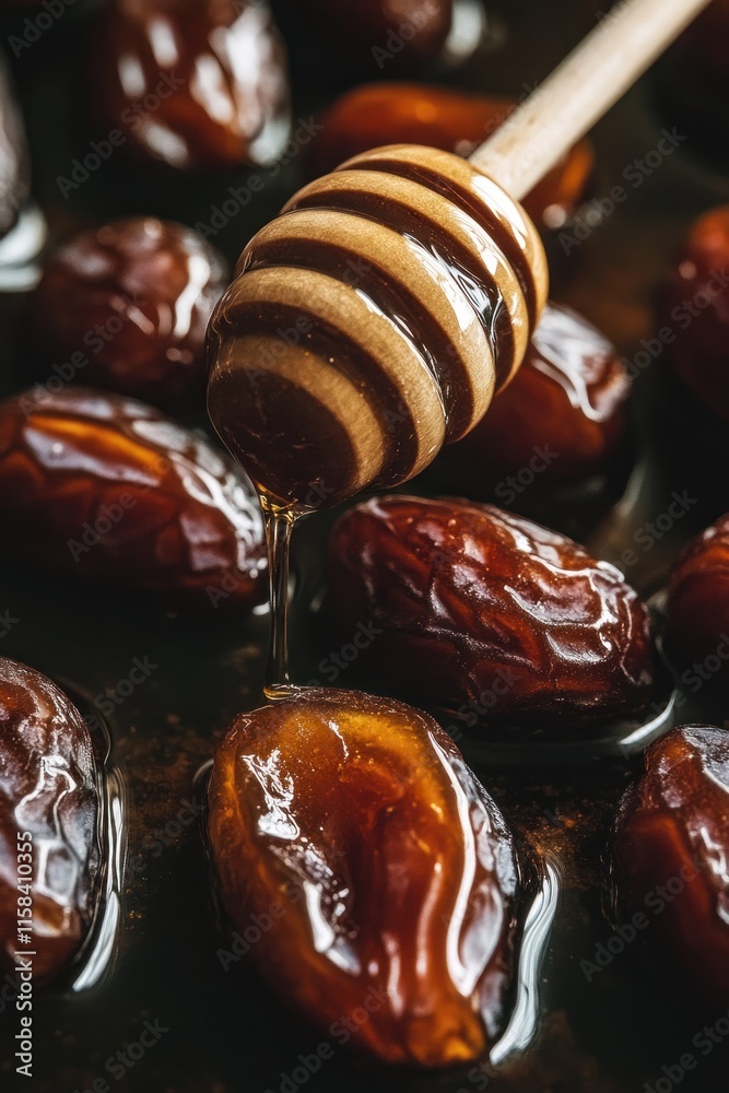 Poster close-up of honey dripping onto dates.