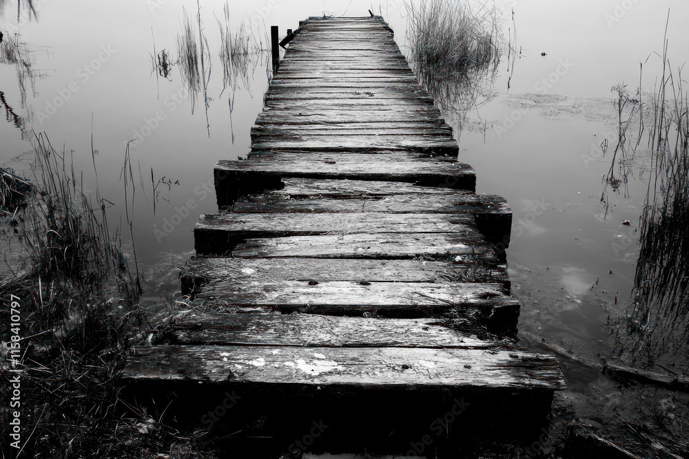 Poster monochrome photo of an old wooden dock extending into a foggy lake.