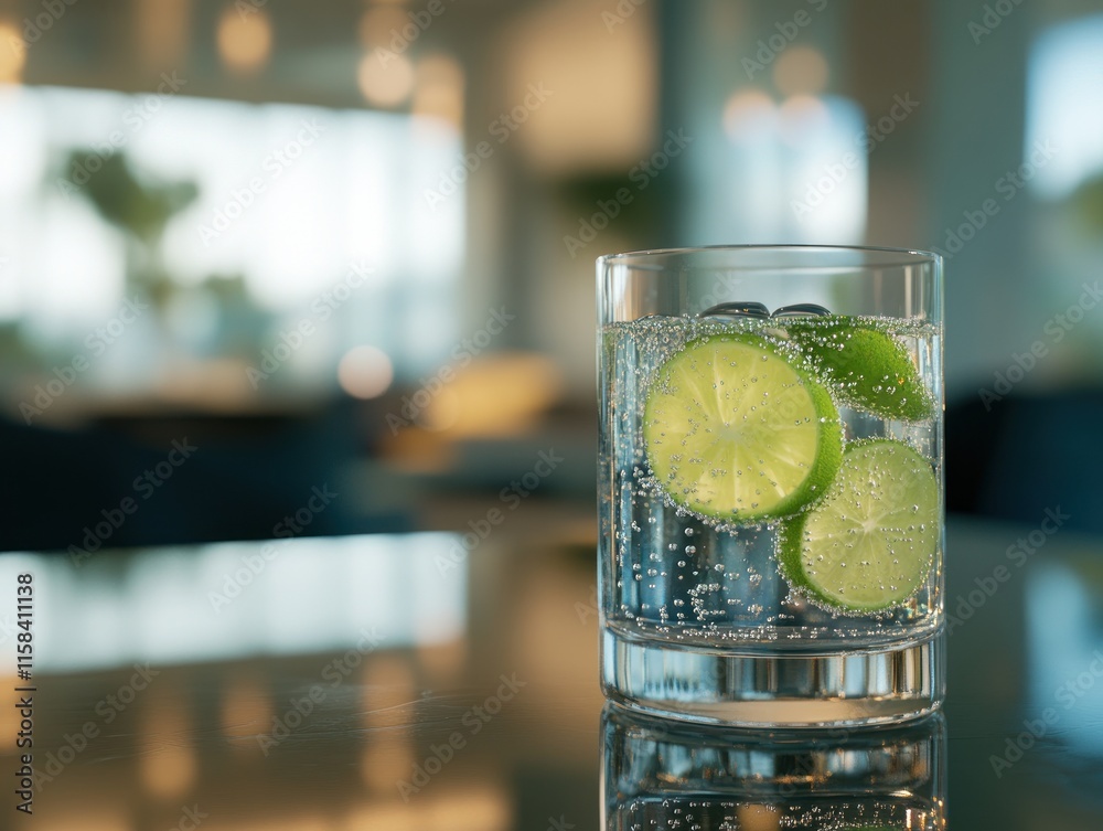 Aufkleber sparkling water with lime slices in a glass on a reflective surface.