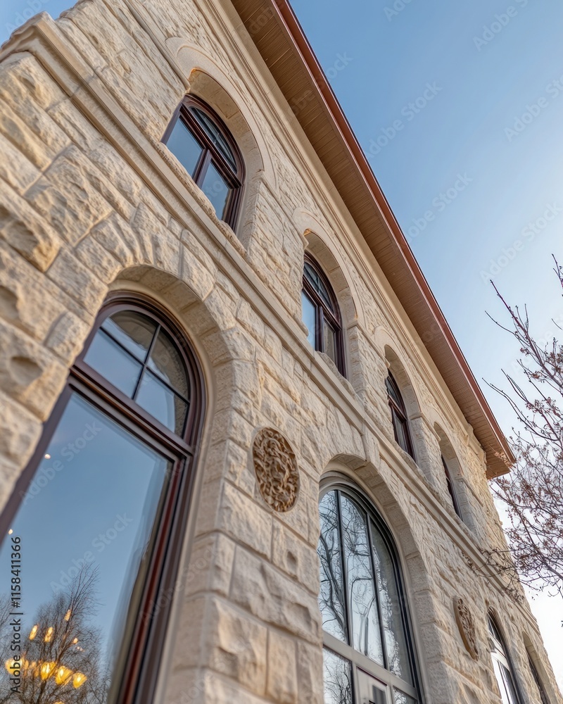 Poster Low angle view of a historic stone building with arched windows and decorative elements against a clear blue sky.