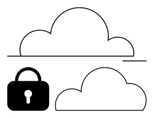 Two cloud icons with a padlock, representing secure cloud storage. Ideal for data security, cloud computing, protection, privacy, technology, IT services confidentiality. Line metaphor