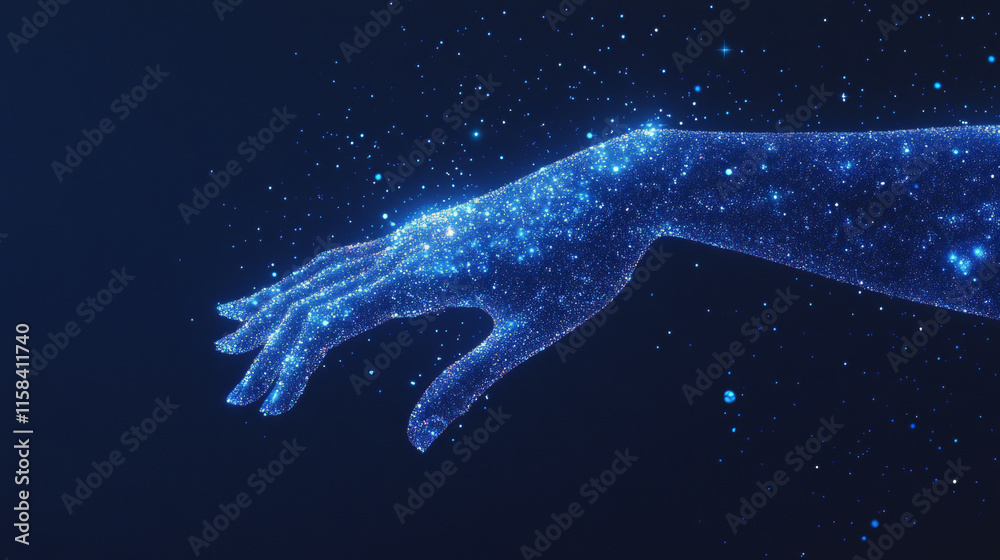 Poster 3d hand with index finger pressing or pushing button. action or gesture concept in dark blue. abstra