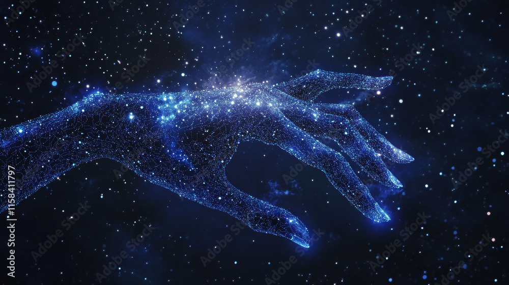 Poster 3d hand with index finger pressing or pushing button. action or gesture concept in dark blue. abstra