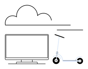 Computer monitor and electric scooter connected by a cloud, representing tech integration and mobility. Ideal for smart city planning, IoT, transportation, digital transformation, sustainability