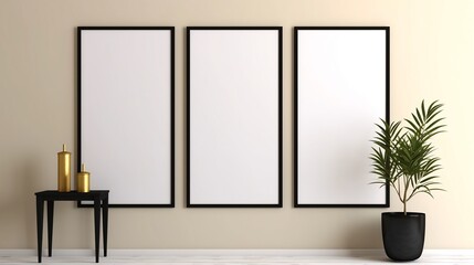 Vertical black trimmed empty frame set against a matte yellow wall with a clean white porcelain floor and contemporary decorative accents creating a minimalist and modern interior design composition