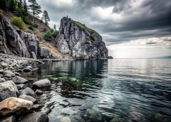 Lake Baikal's dramatic cliffs and crystal waters create a breathtaking rocky shore landscape.