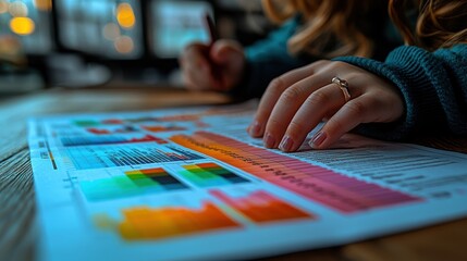 Close-up of hands analyzing colorful data charts on a printed report, symbolizing business strategy, financial planning, or market research in a professional yet casual setting.