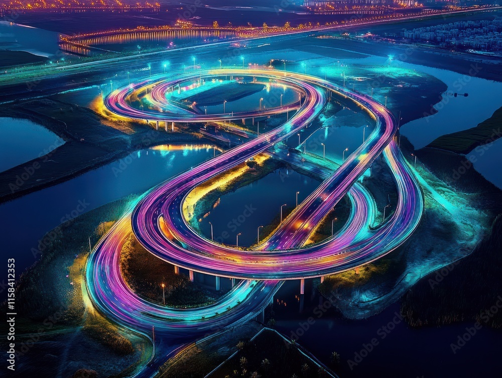 Poster aerial view of illuminated highway interchange at night.