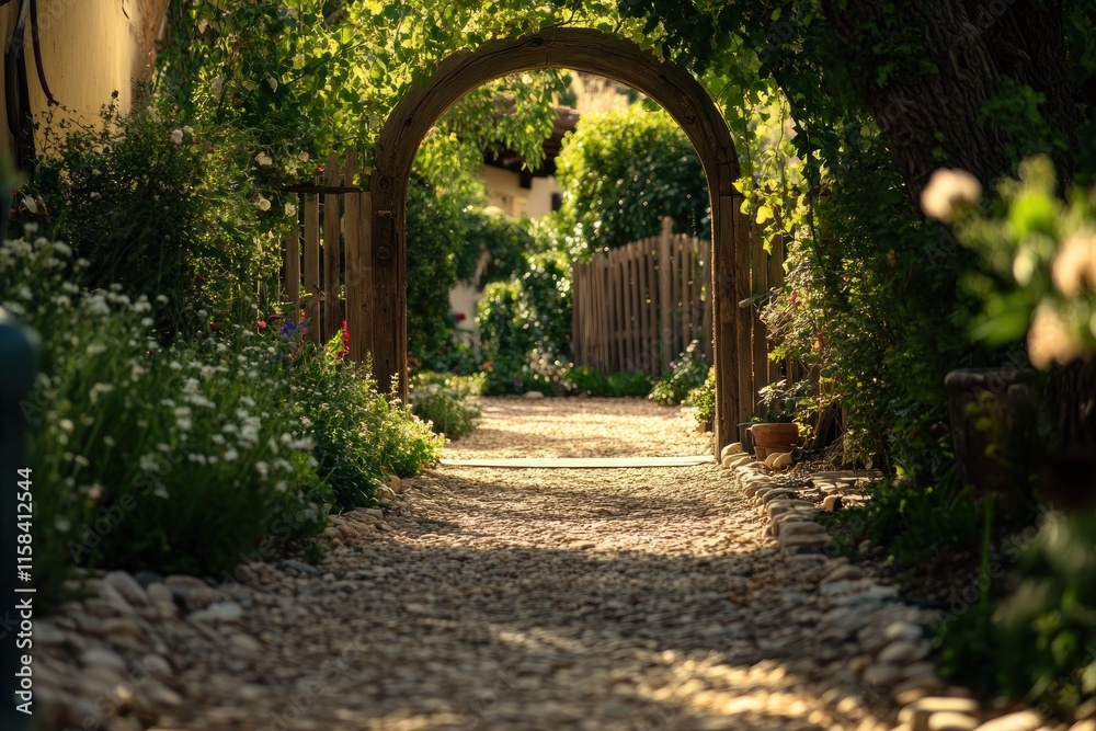 Poster sunlit stone path through arched garden gate leading to tranquil courtyard.