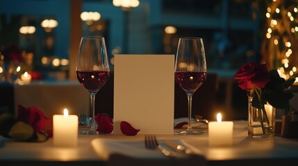Blank menu paper romantic dinner table setting with wine glass in night time with roses and candle. Concept for Valentine dinner, Romantic restaurant