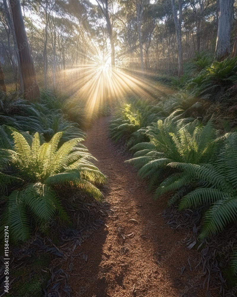 Poster Sun rays illuminate a forest path lined with ferns.