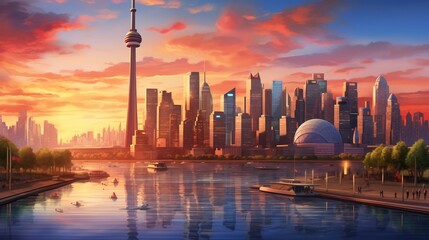 Fototapeta premium Stunning panoramic view of a vibrant and bustling cityscape with iconic towering skyscrapers and landmarks at the break of dawn The streets are alive with activity and energy