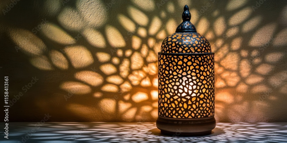 Poster illuminated moroccan lantern casting intricate shadows on a wall.