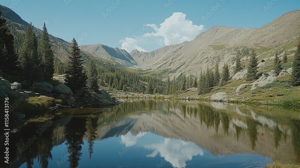 Poster serene mountain lake reflecting surrounding peaks and trees under a clear sky.
