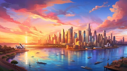 Obraz premium Vibrant and dynamic city skyline at sunrise featuring a panoramic view of iconic high rise buildings towering skyscrapers and a bustling street scene below