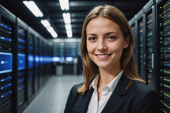 Close portrait of a smiling young Czech female IT worker looking at the camera, against dark server room blurred background.