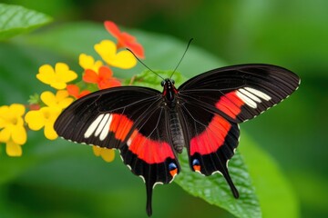 Red and black butterfly on yellow and orange flowers.