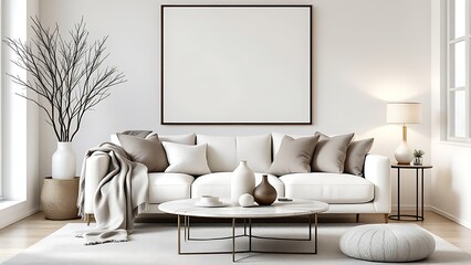 Frame mockup, paper size. Living room wall poster mockup. Interior mockup with house background. Modern interior design.