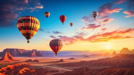 Naklejka premium Majestic hot air balloons soaring gracefully over a breathtaking desert landscape bathed in the warm vibrant hues of the setting sun This captivating scene evokes a sense of adventure serenity