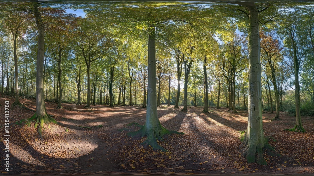 Poster panoramic view of autumnal forest with sunlight filtering through leaves, fallen leaves on ground, t