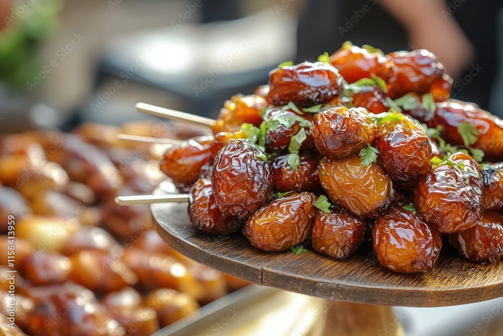 Poster Close-up of glazed dates on skewers, arranged on a wooden stand.  Many dates are in the background.