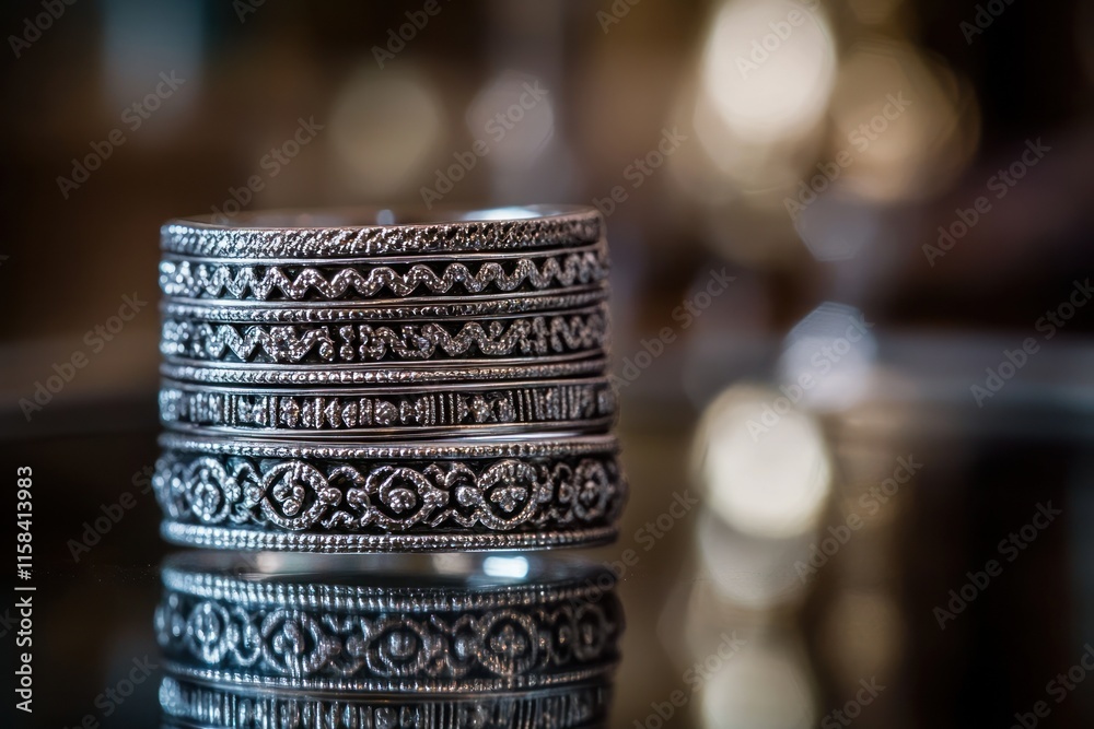 Poster stacked silver bangles with intricate designs, reflected on a dark surface.