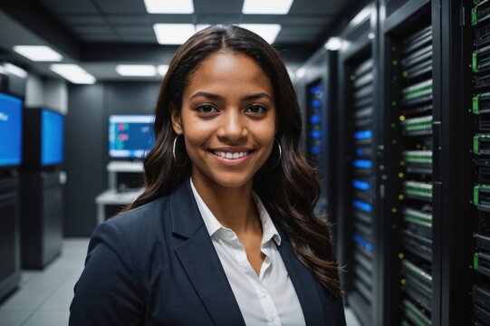 Close portrait of a smiling young Dominican female IT worker looking at the camera, against dark server room blurred background.